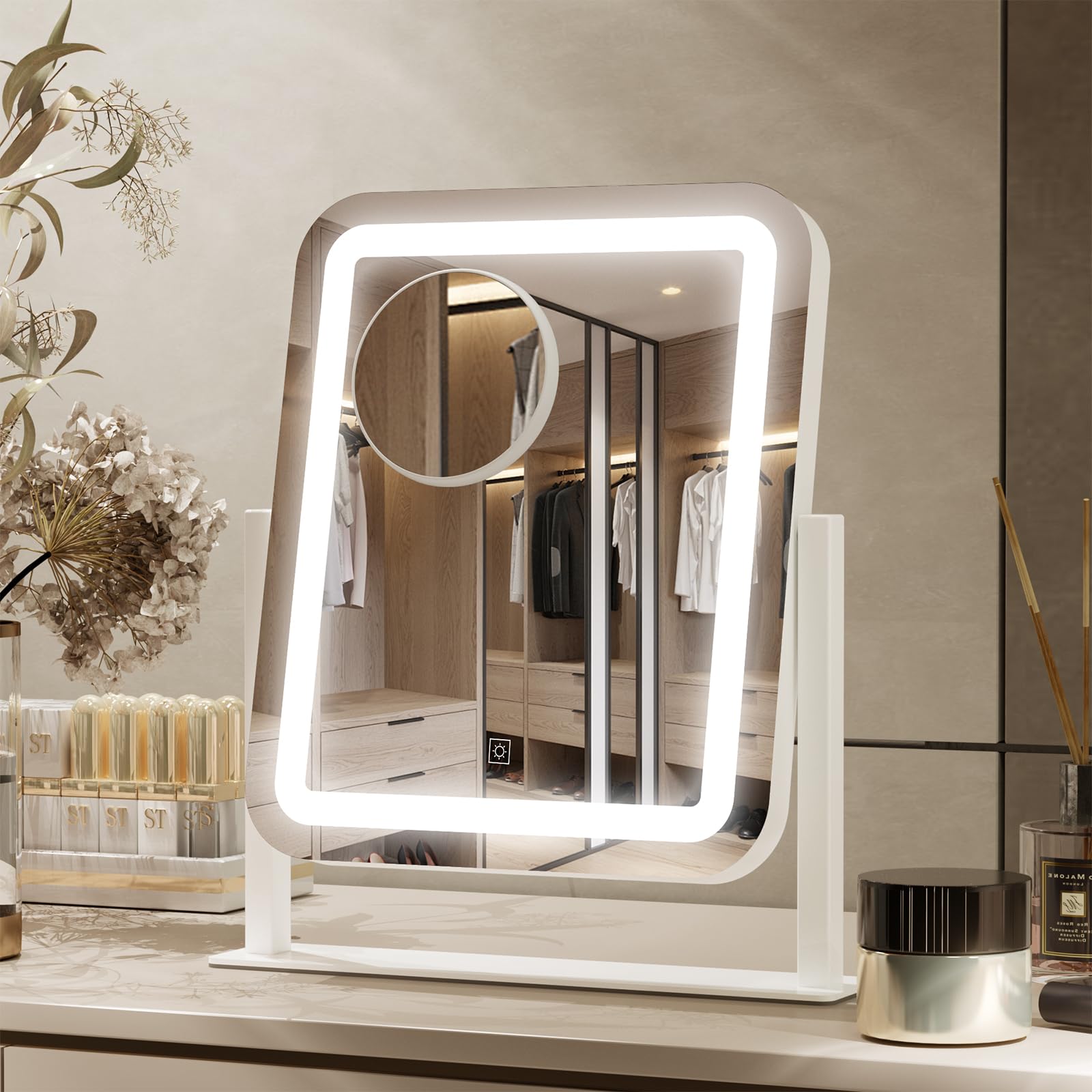 PRIMETEK vanity mirror with lights front view for precise makeup application.