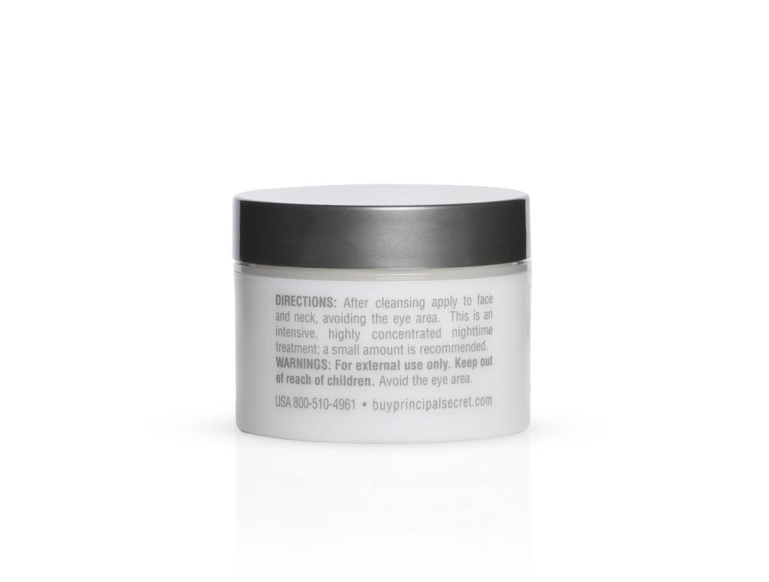 Principal Secret RECLAIM night cream texture closeup reveals creamy, non-irritating formula.