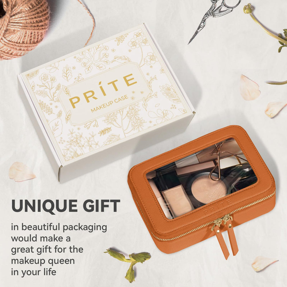 Prite brown makeup case features water-resistant exterior to resist spills.