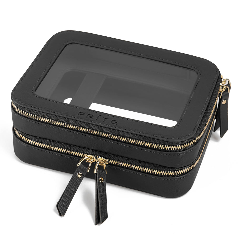 Prite clear double-layer makeup bag shows transparent panels for quick visibility and easy packing.