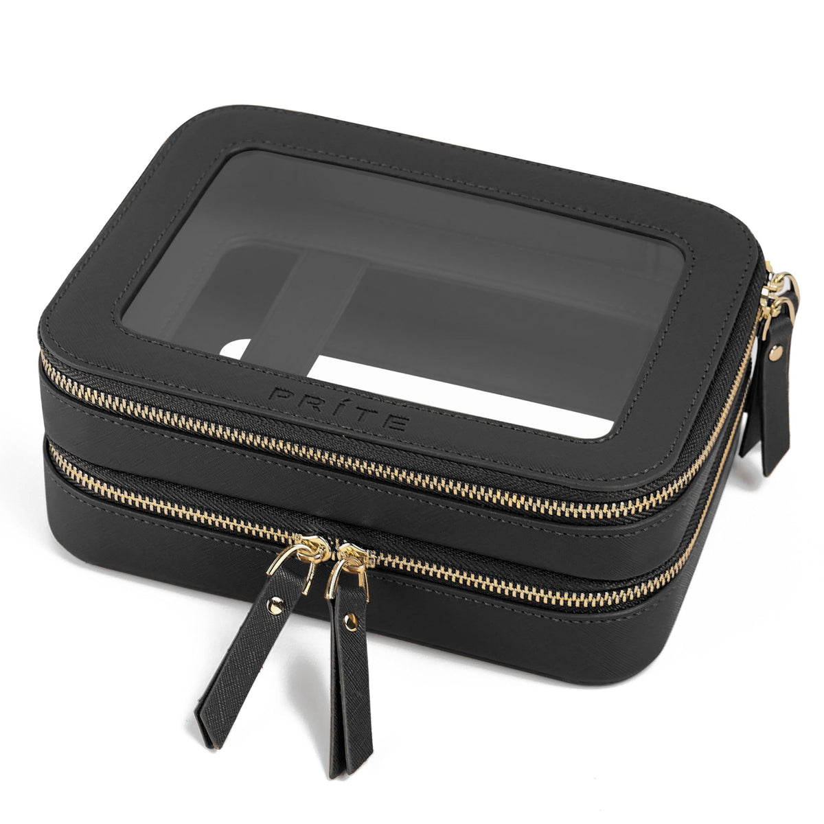 Prite clear double-layer makeup bag shows transparent panels for quick visibility and easy packing.