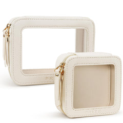 Prite Clear Makeup Bag Beige front view for quick, on-the-go cosmetic organization.