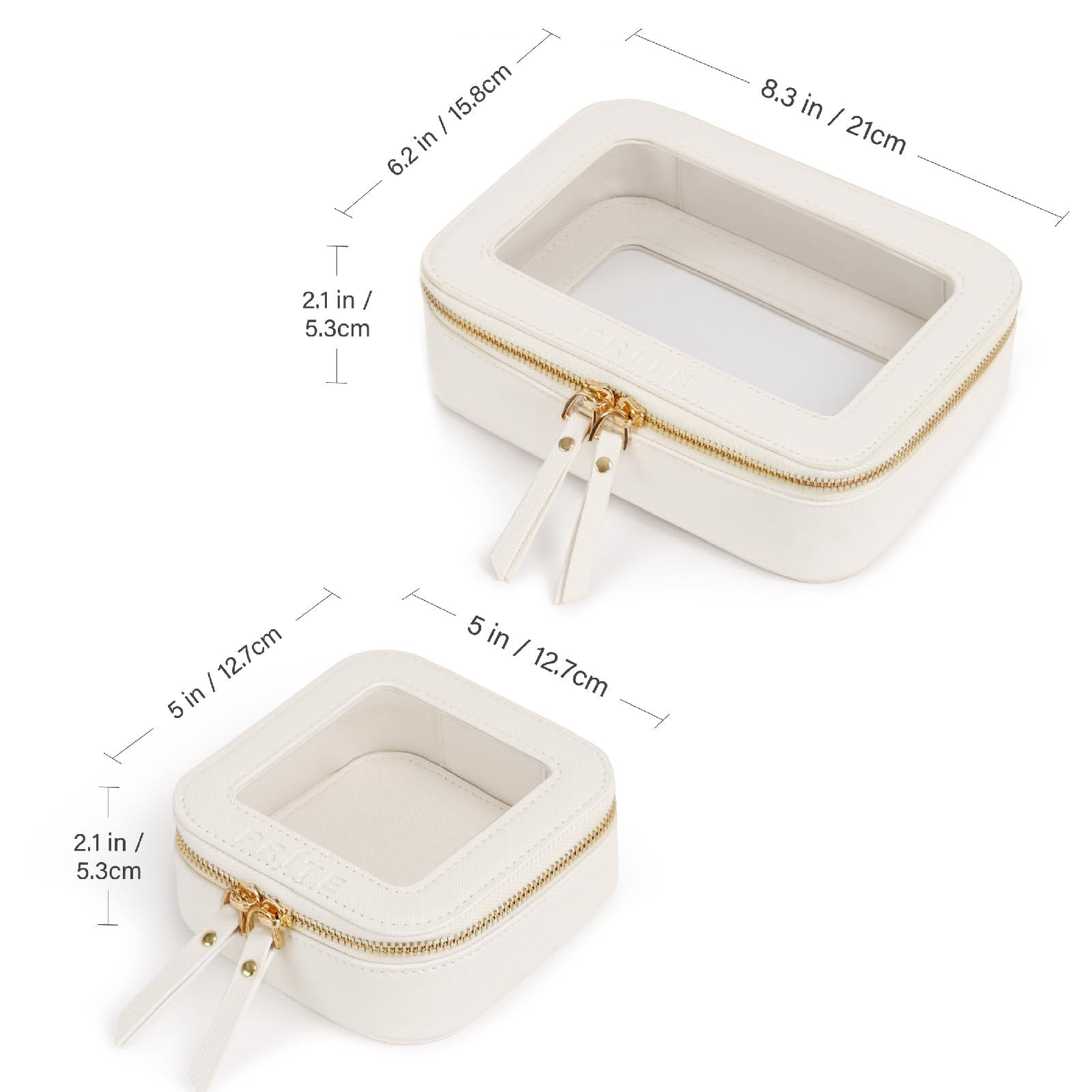 Prite Clear Makeup Bag Beige zipper detail highlights durable gold hardware and secure closure.