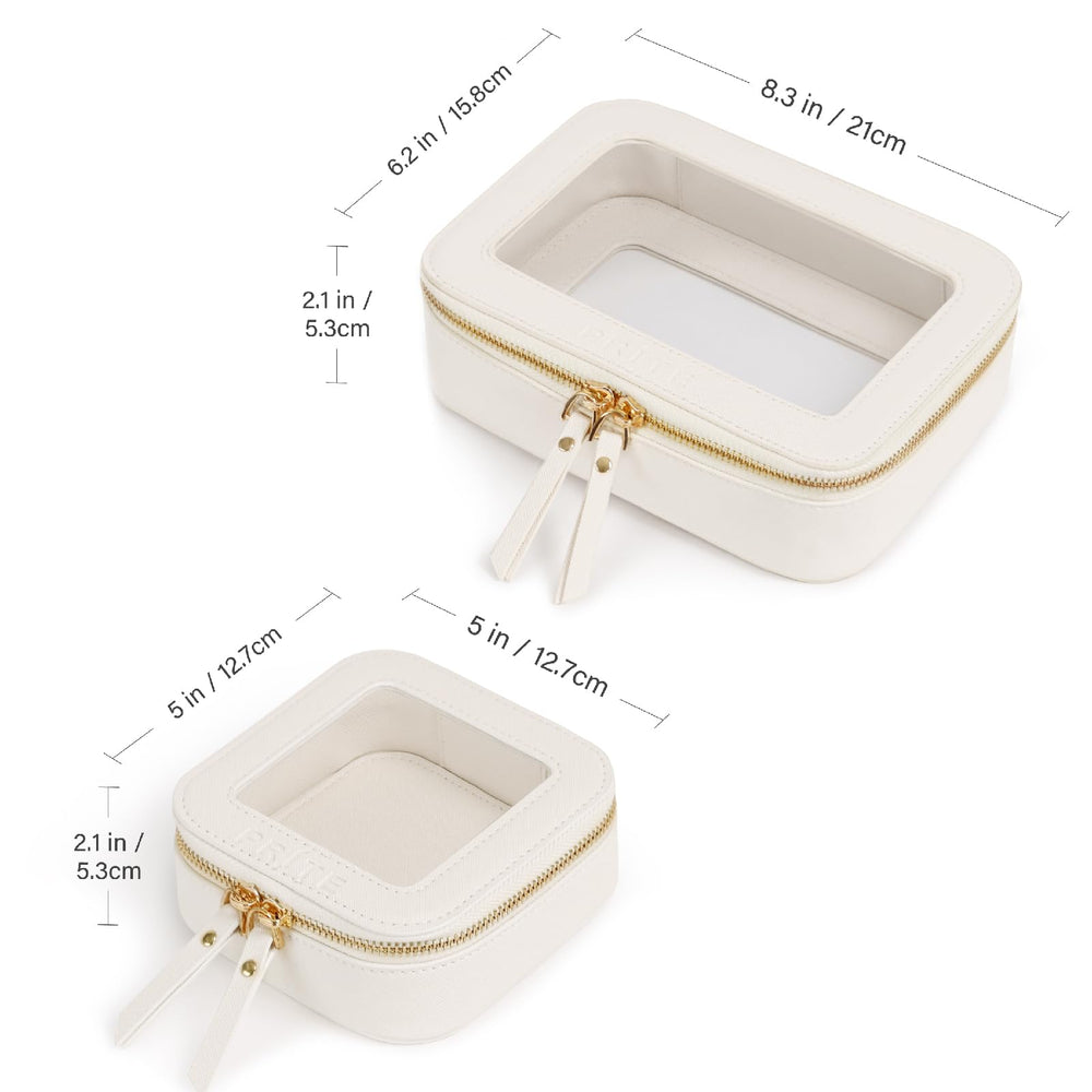 Prite Clear Makeup Bag Beige zipper detail highlights durable gold hardware and secure closure.