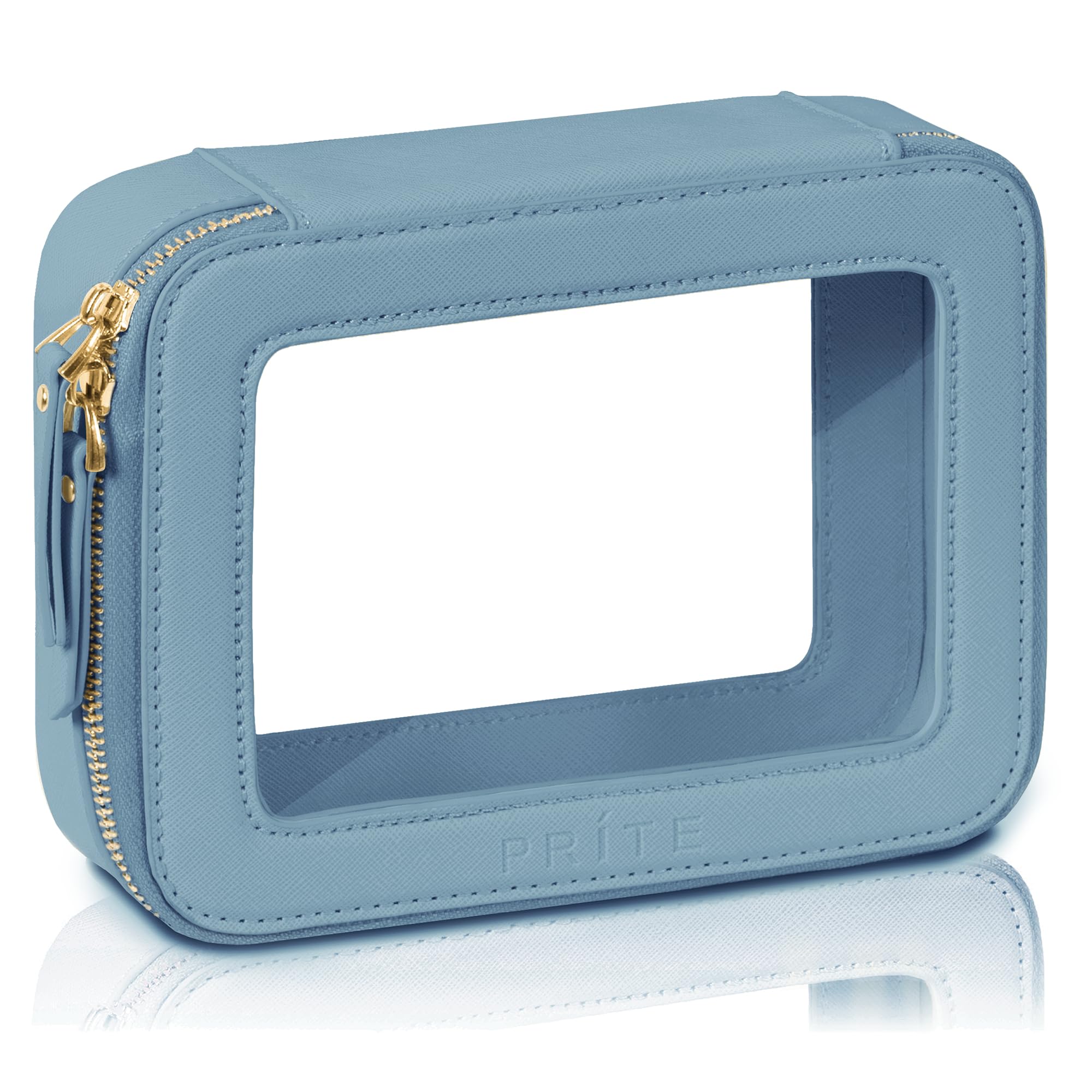 Prite clear makeup bag blue zipper front for easy travel organization.
