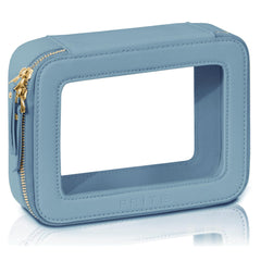 Prite clear makeup bag blue zipper front for easy travel organization.
