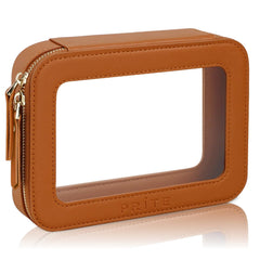 Prite clear makeup bag with golden zipper shows organized cosmetics for travel.