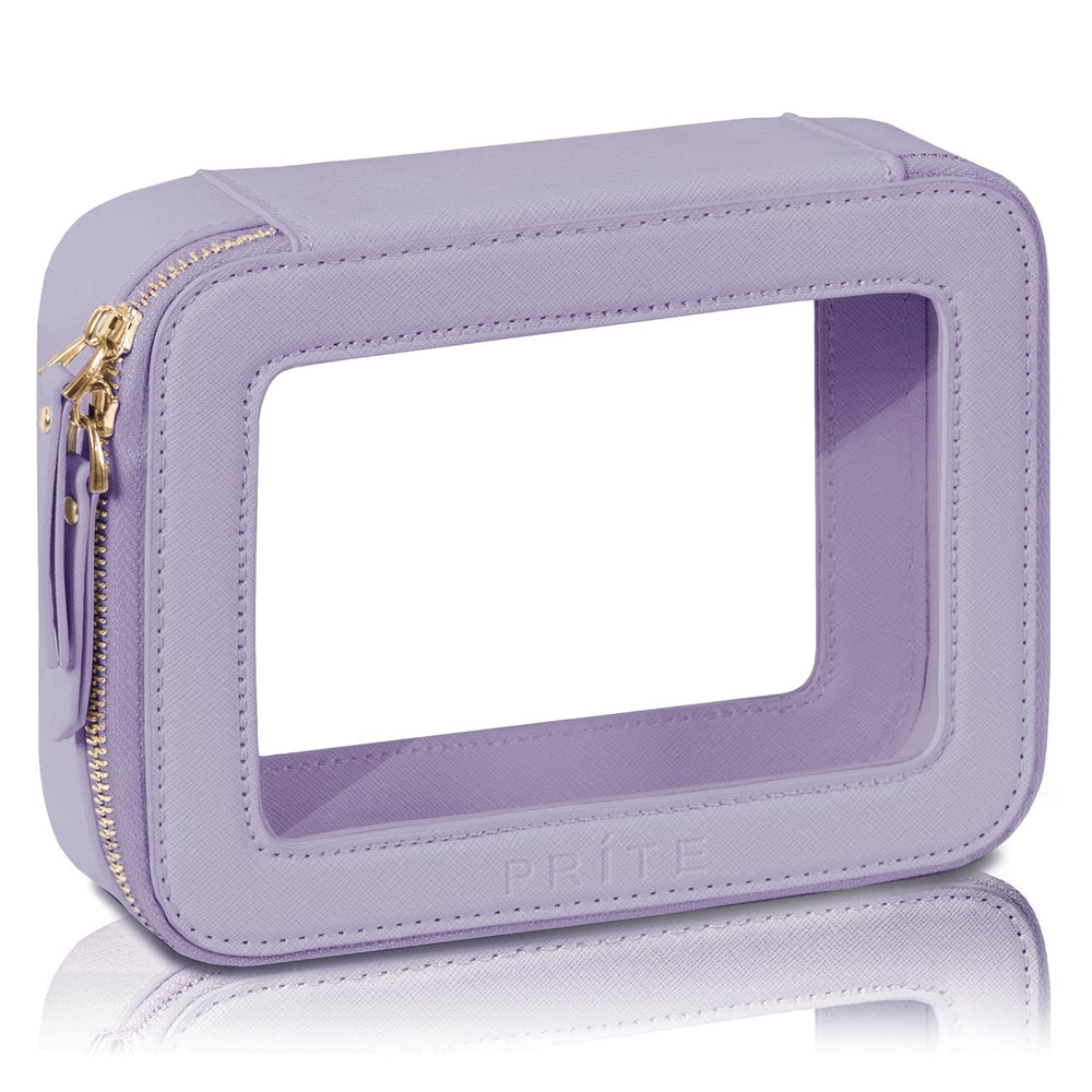 Prite Clear Makeup Bag side view in violet for stylish, portable travel storage