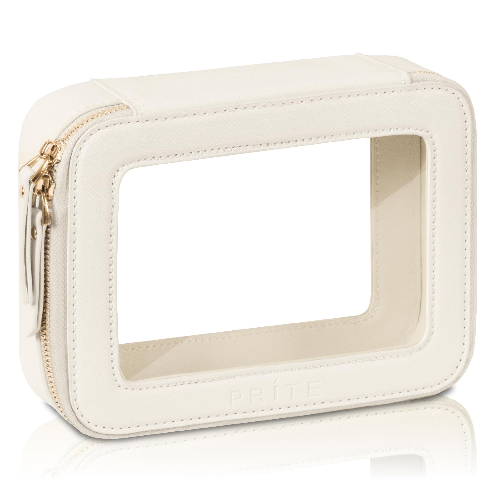 Prite clear makeup bag with waterproof beige exterior for travel organization.