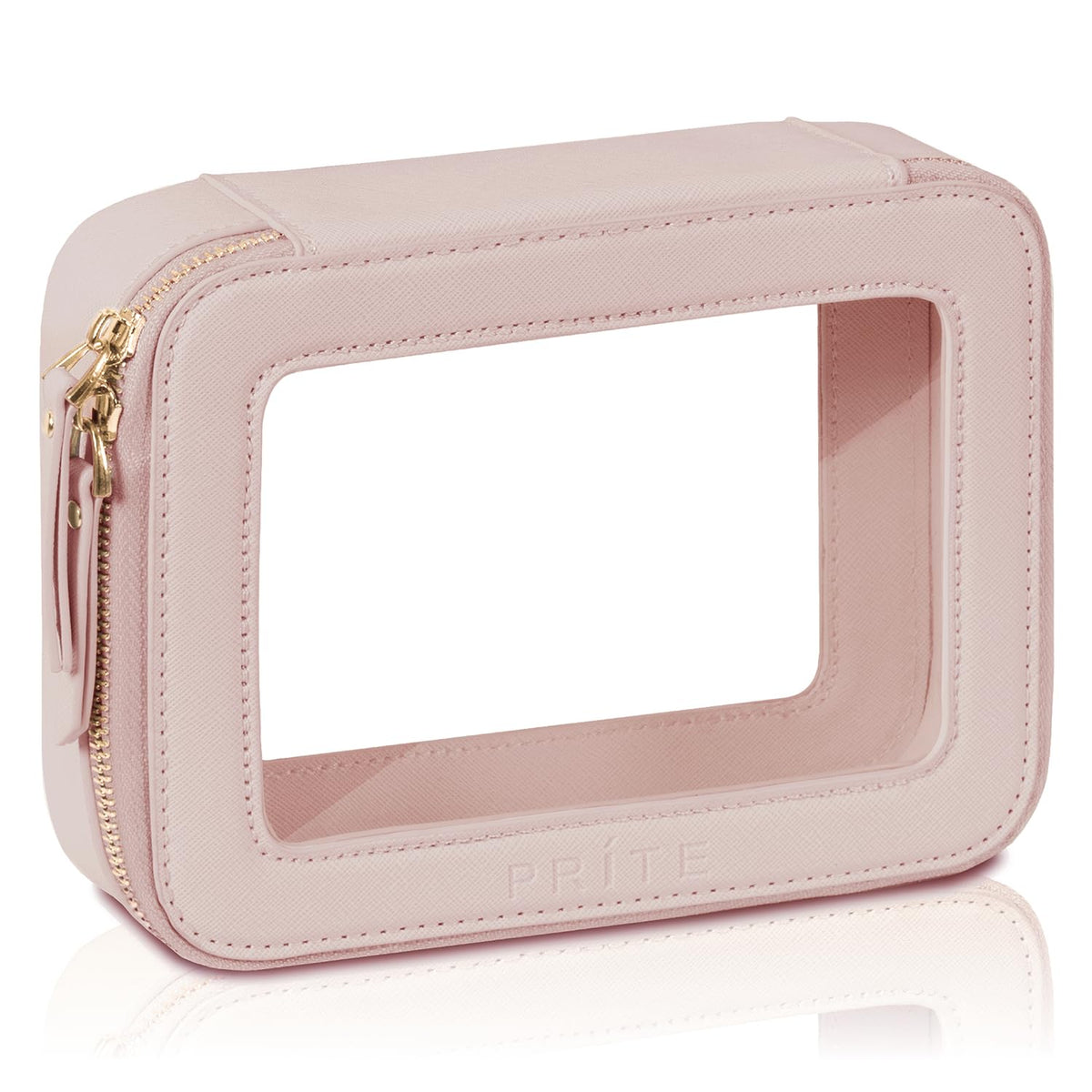 Prite clear makeup bag with golden zipper emphasizes durable vegan leather and travel-ready design.