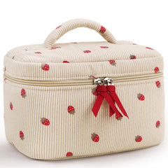 Prite corduroy travel makeup bag with floral strawberry pattern offering a roomy interior for cosmetics.