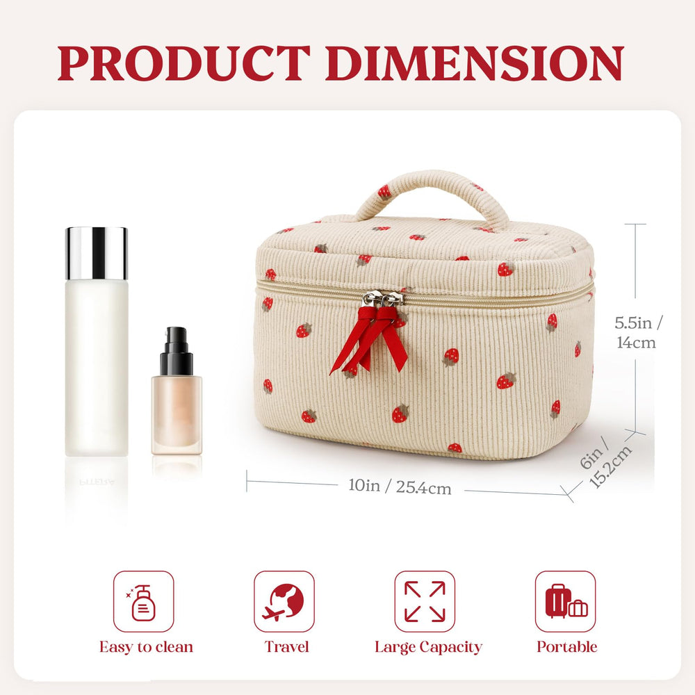 Prite makeup bag close-up shows gold-plated zipper and colored webbing for easy access.