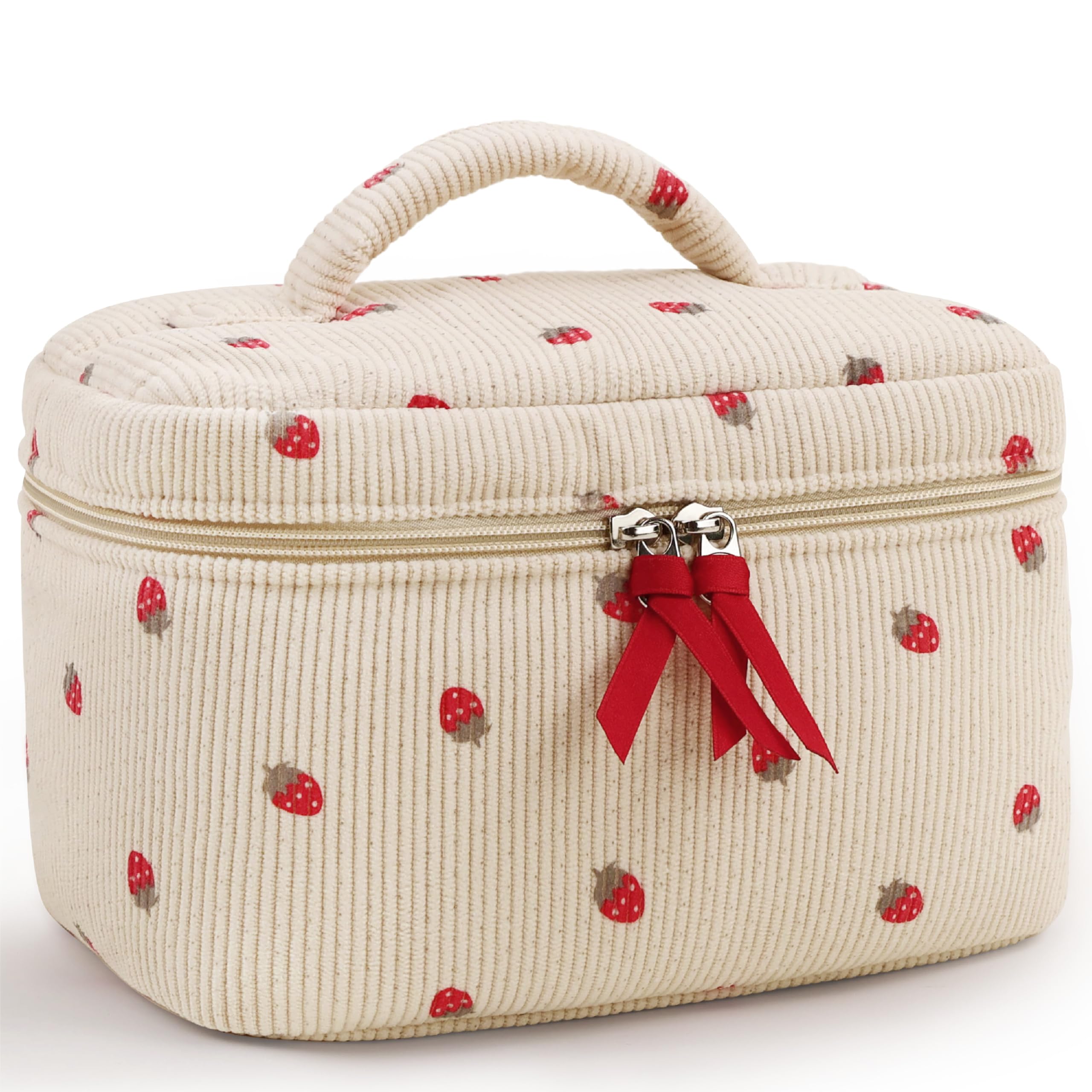 Prite Corduroy large travel makeup bag front view shows strawberry floral for organized cosmetics.