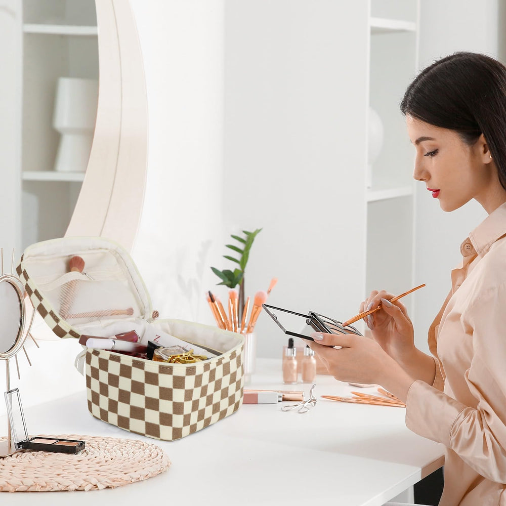 Prite large-capacity makeup bag neatly organized with brushes and bottles.