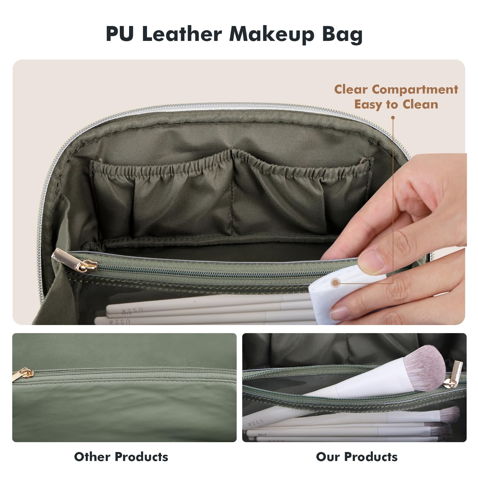 Prite cosmetic bag clear divider keeps brushes separated to prevent cross-mess.