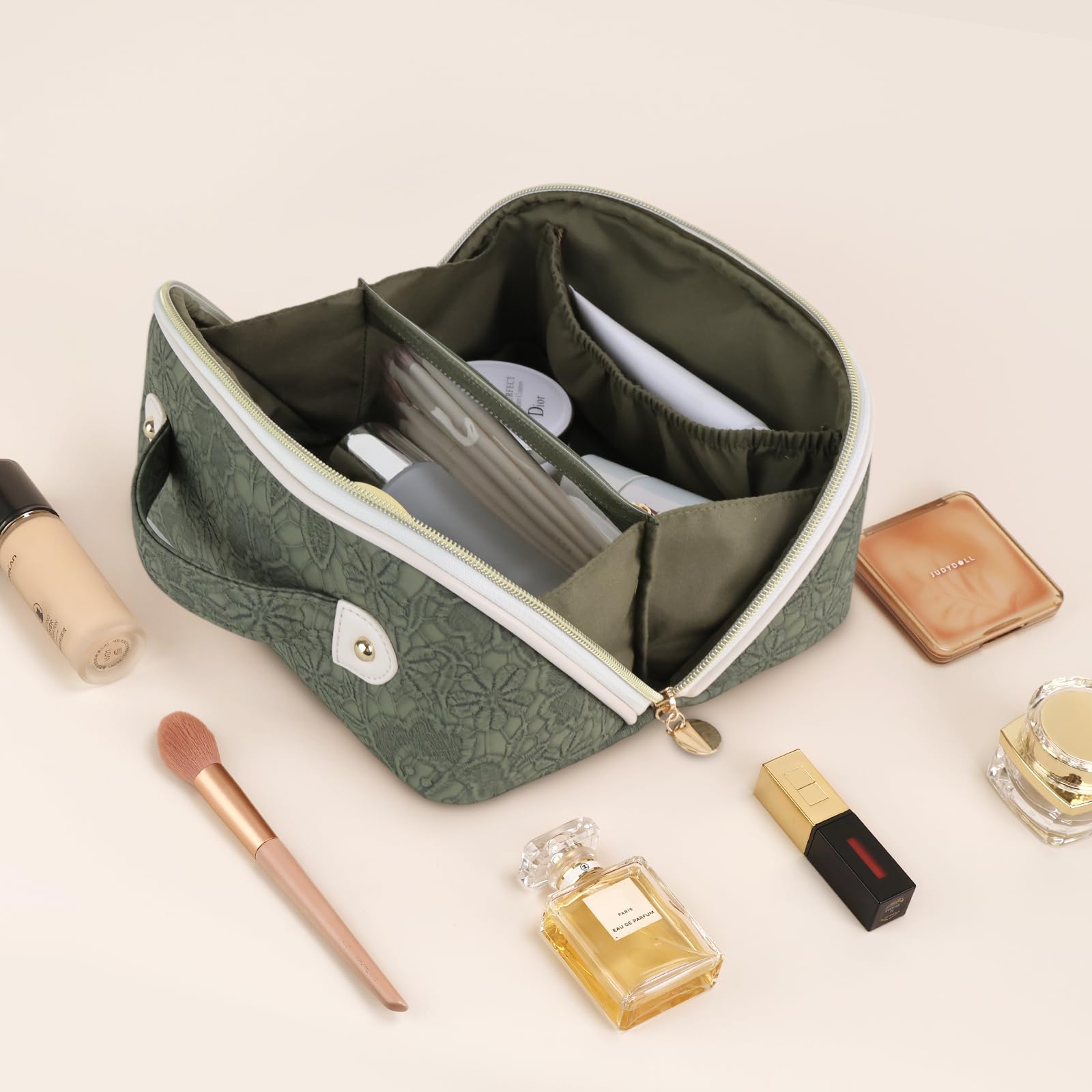 Prite cosmetic bag green flower design adds stylish flair to travel gear.