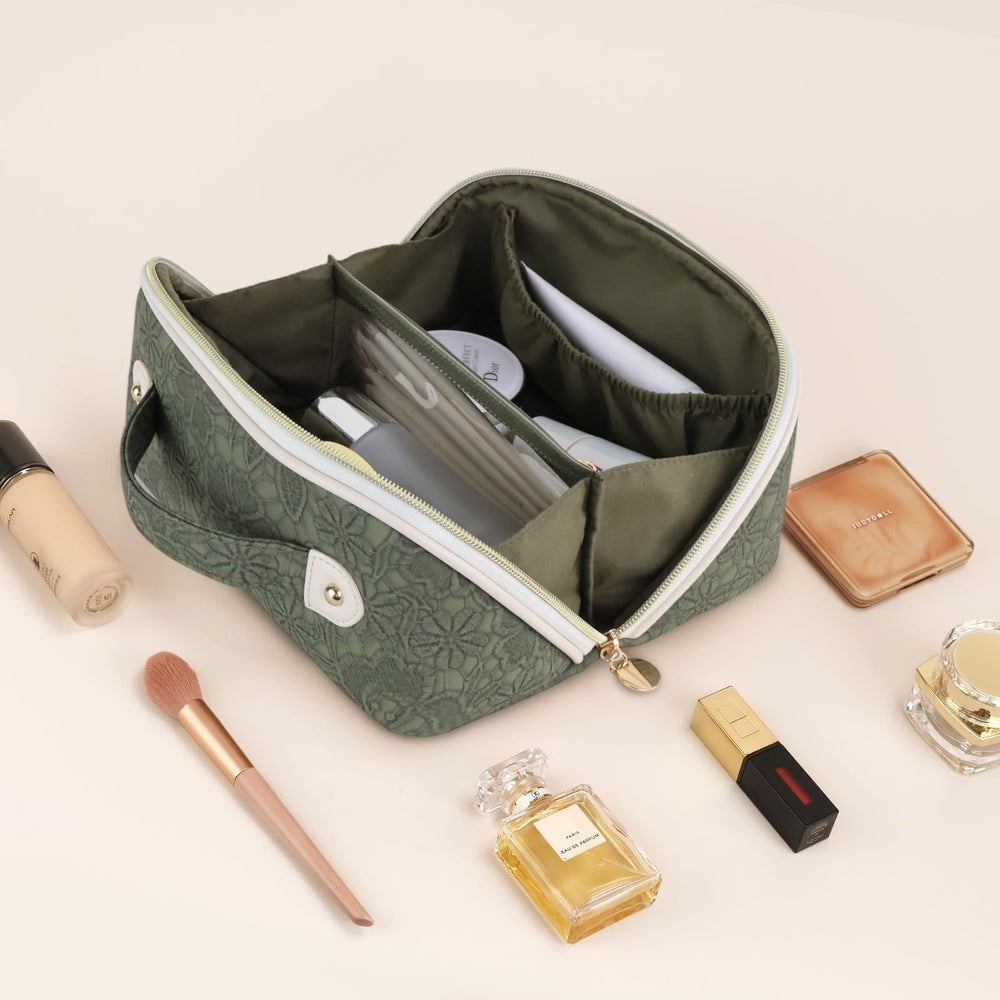 Prite cosmetic bag green flower design adds stylish flair to travel gear.