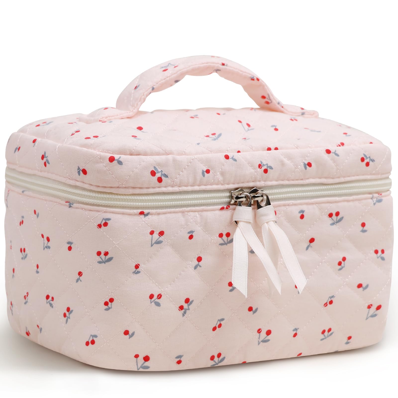 Prite cosmetic bag with large cherry floral pattern for organized travel makeup.