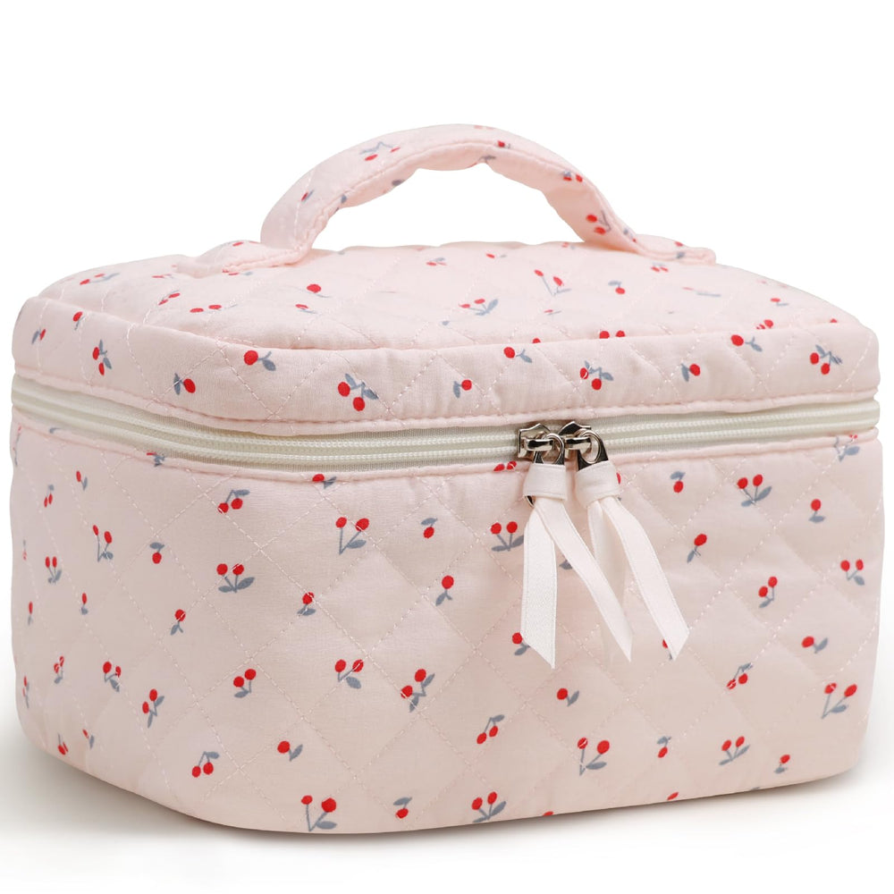 Prite cosmetic bag with large cherry floral pattern for organized travel makeup.