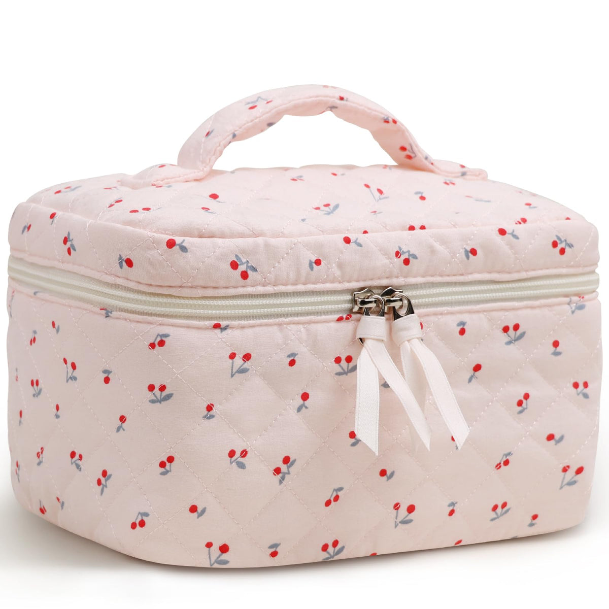 Prite cosmetic bag with large cherry floral pattern for organized travel makeup.