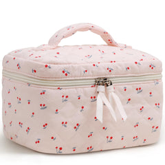 Prite cosmetic bag with large cherry floral pattern for organized travel makeup.