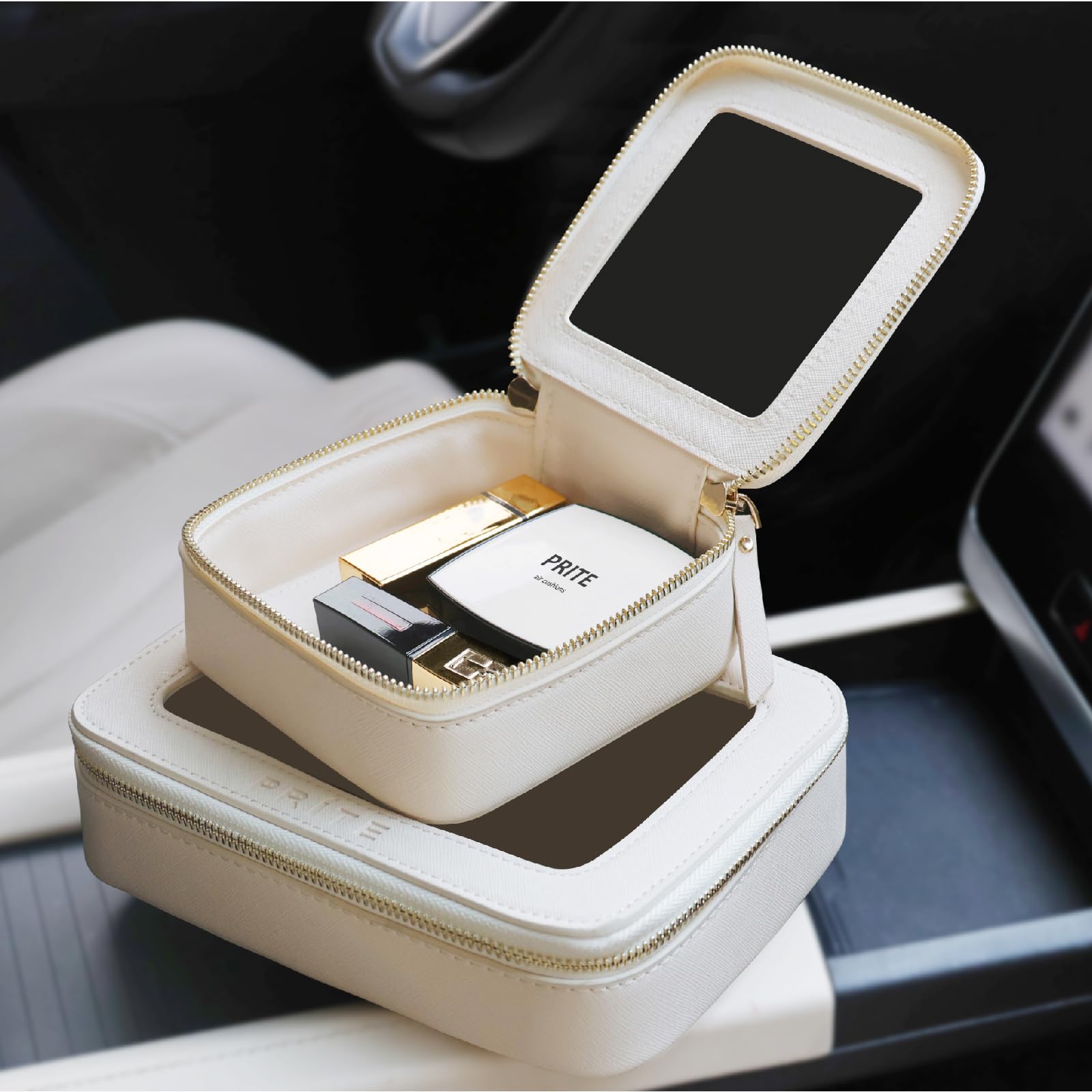Prite cosmetic organizer case shows transparent design for quick item location and easy cleaning.