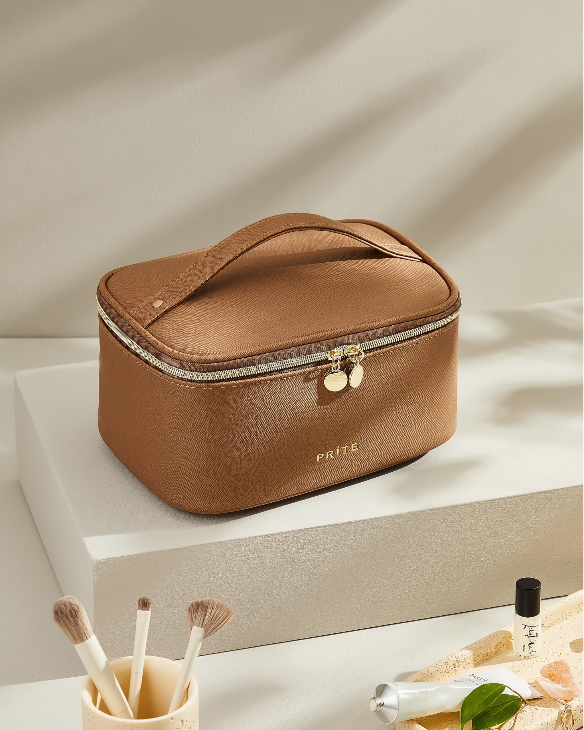 Prite cosmetic organizer's waterproof vegan leather ensures durable, easy-clean storage