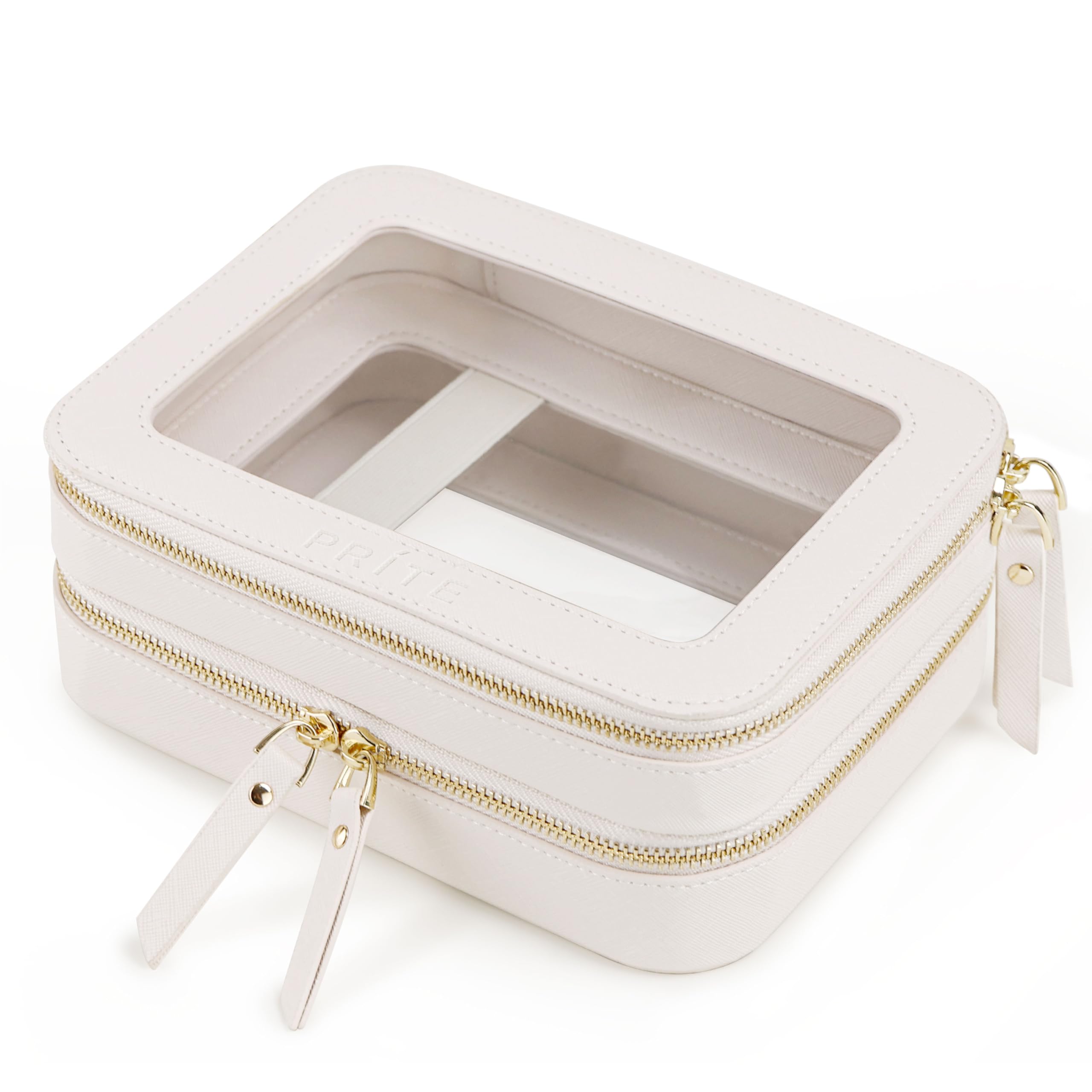 Prite double-layer makeup bag in beige with gold zipper for organized travel cosmetics.