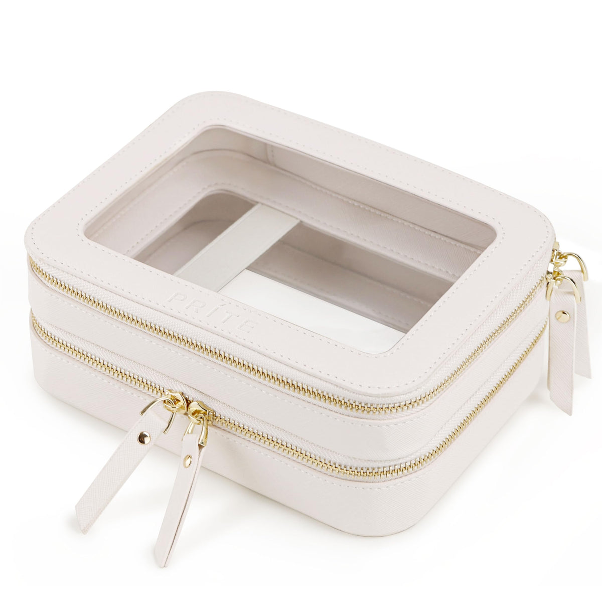 Prite double-layer makeup bag in beige with gold zipper for organized travel cosmetics.