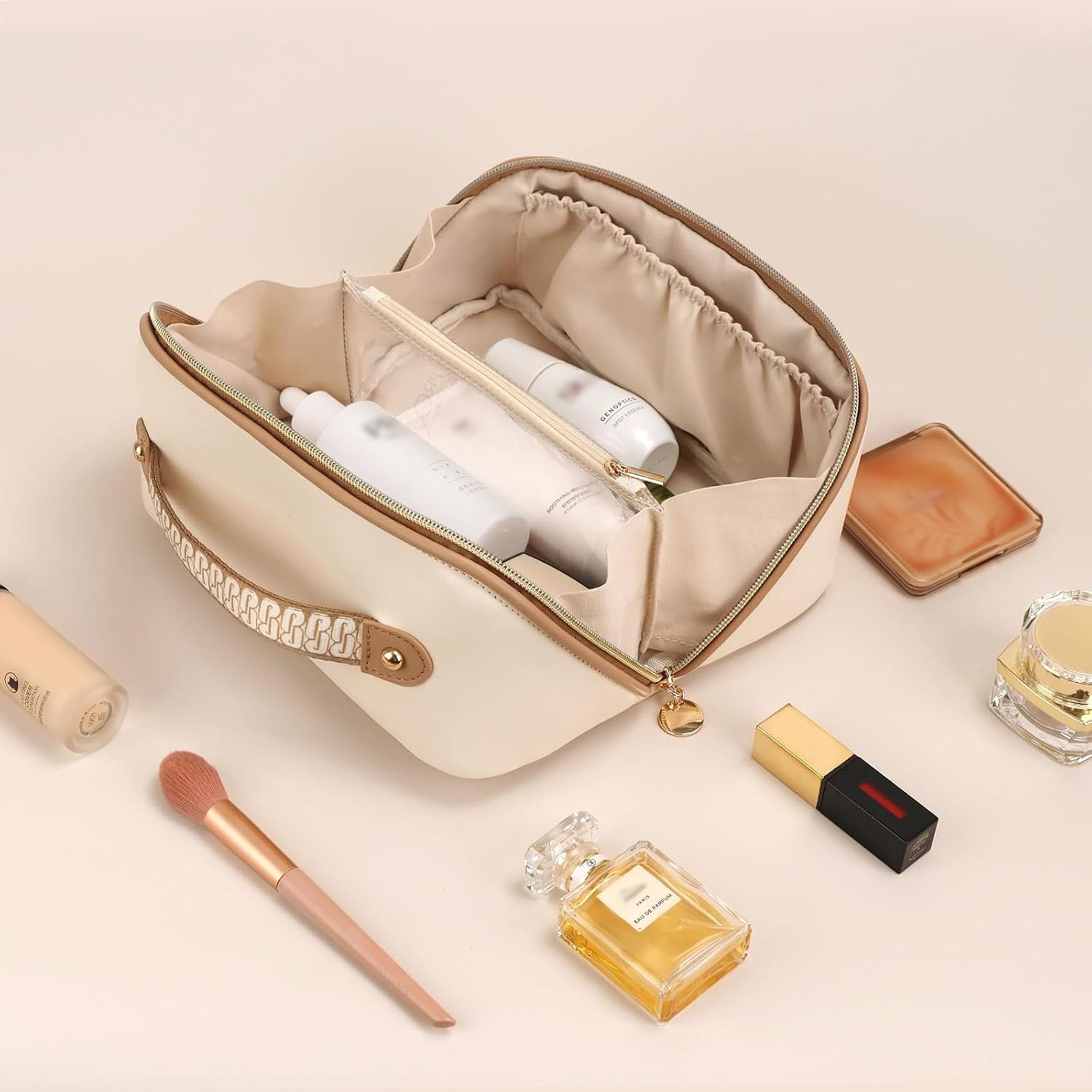 Prite makeup bag on bathroom counter ready for travel use
