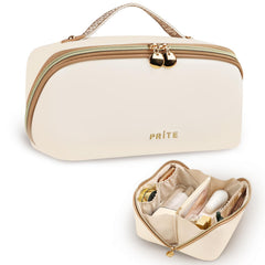 Prite makeup bag beige open-flat view for quick cosmetic access