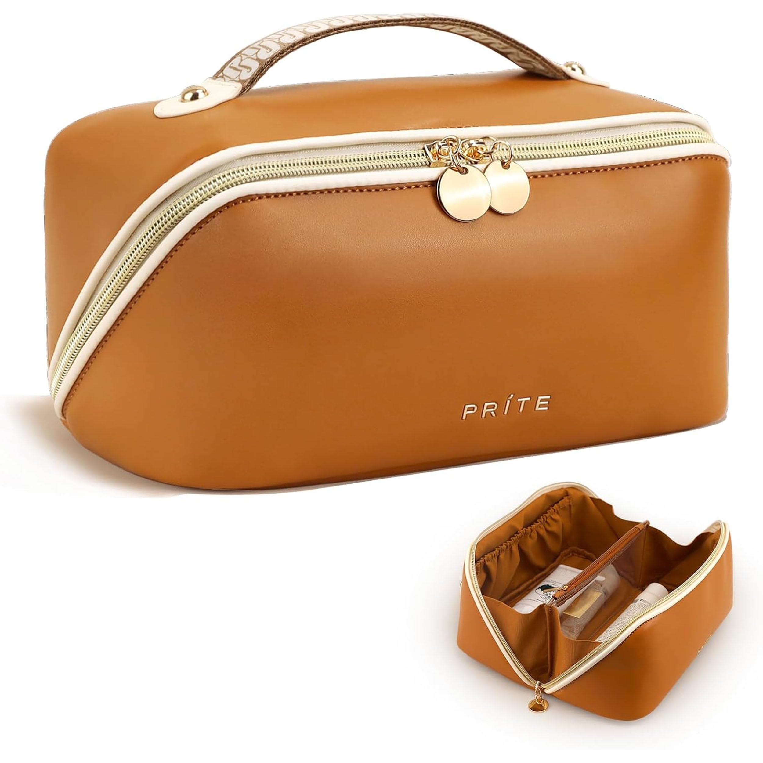 Prite makeup bag in brown shows water-resistant vegan leather for travel protection.