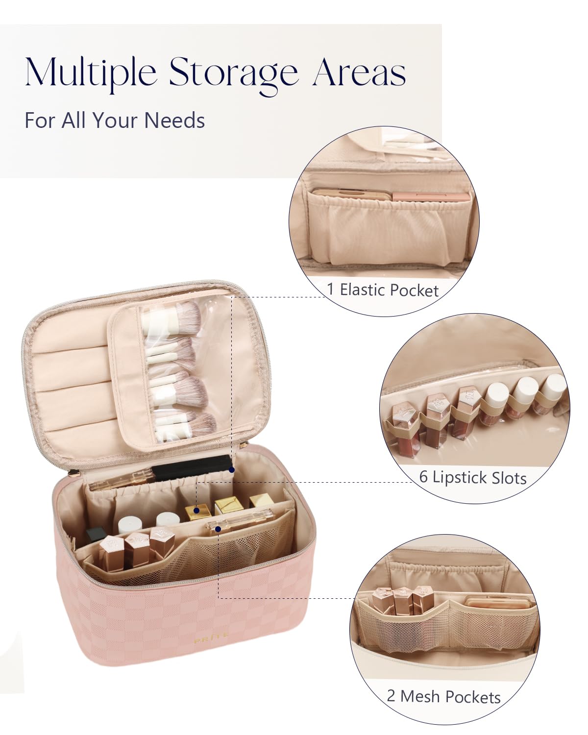 Prite makeup bag brush compartment closeup with Velcro dust cover