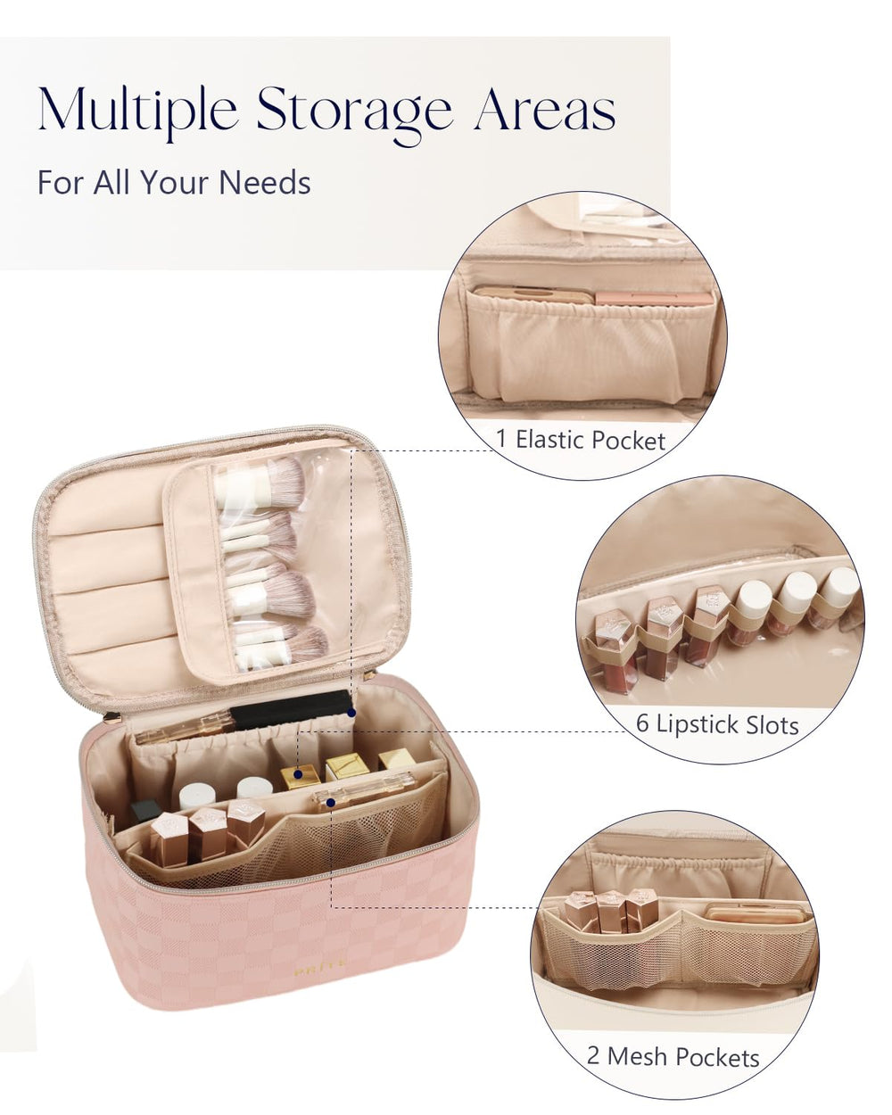 Prite makeup bag brush compartment closeup with Velcro dust cover