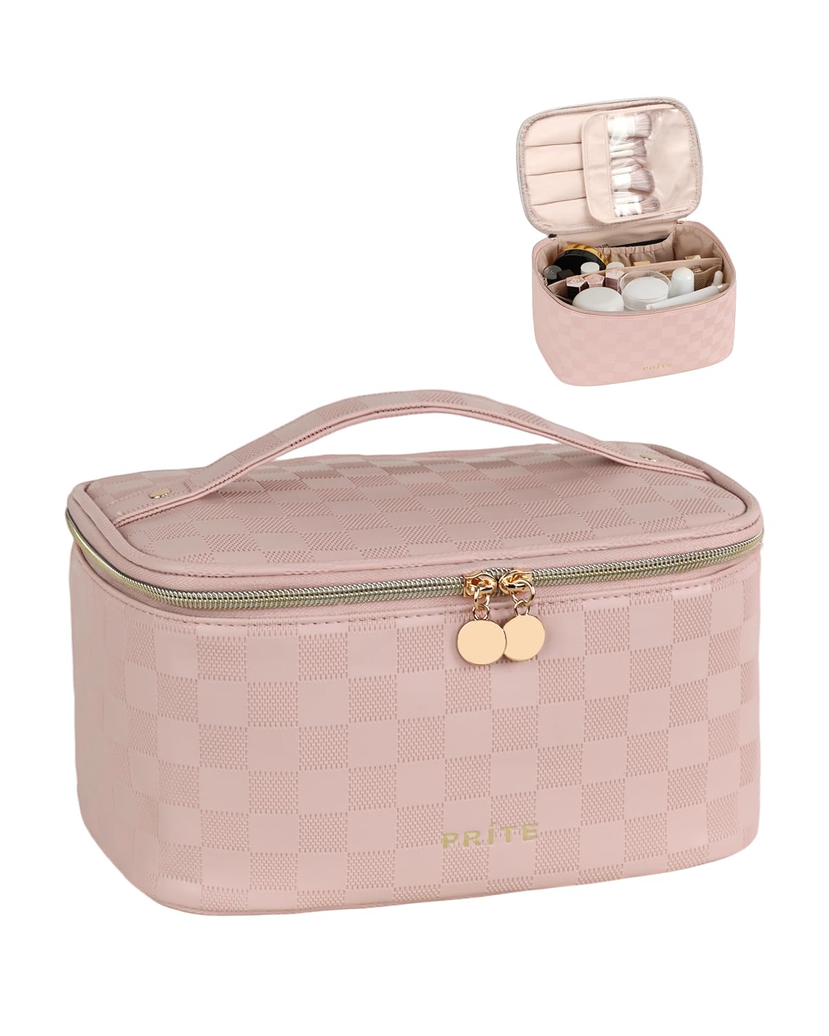 Prite makeup bag checkered pink full view for organized travel