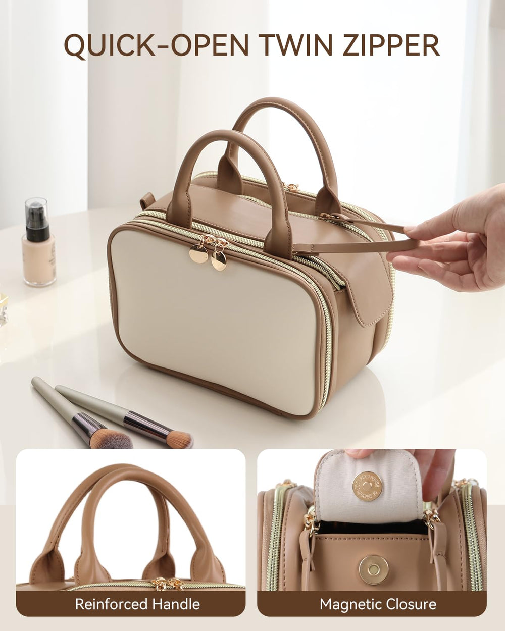 Prite makeup bag three-compartment design simplifies sorting cosmetics and tools.