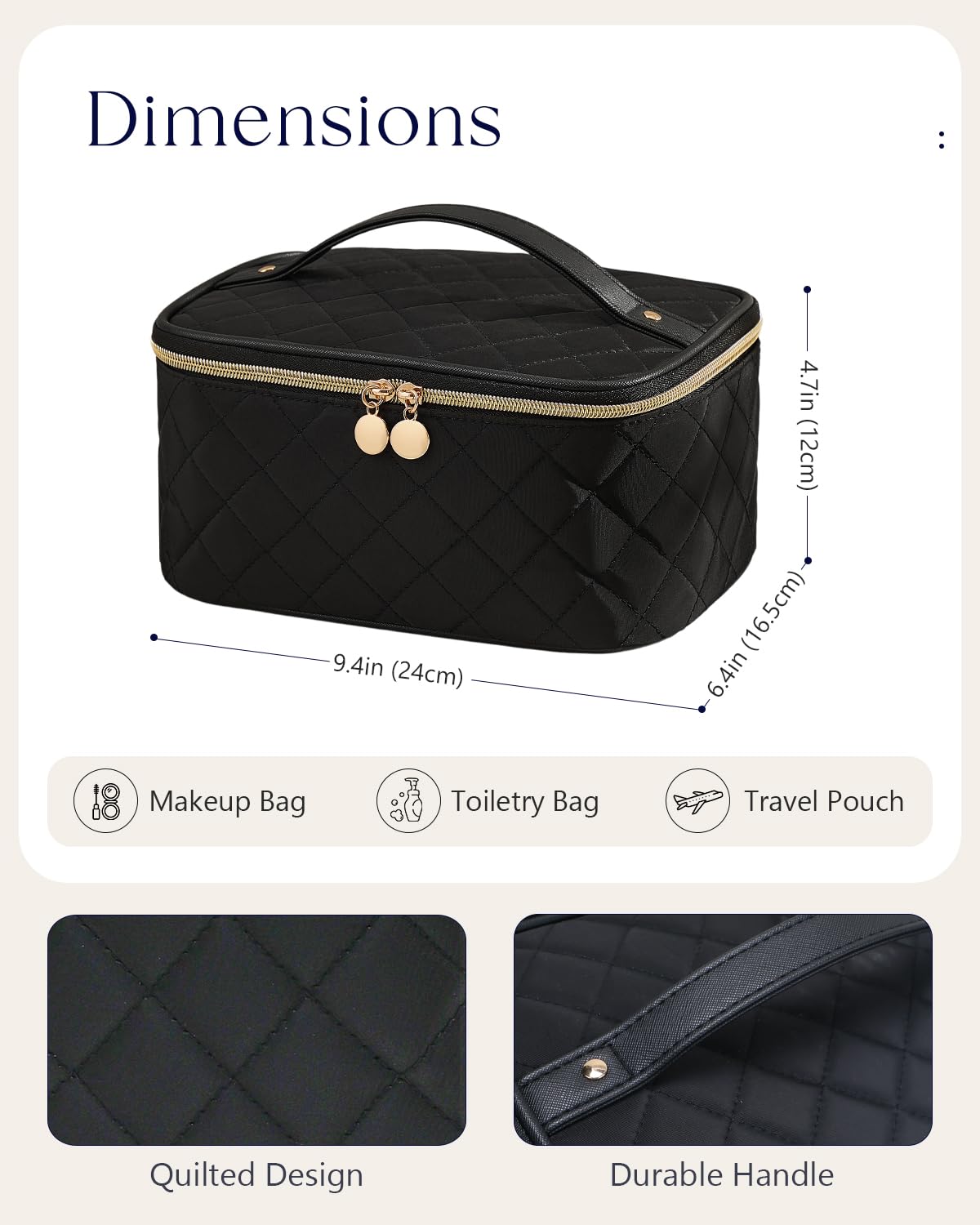 Prite makeup bag durable vegan leather handle adds portable convenience.
