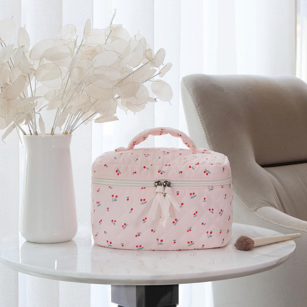 Prite makeup bag featuring floral Coquette design, ideal for daily cosmetics.