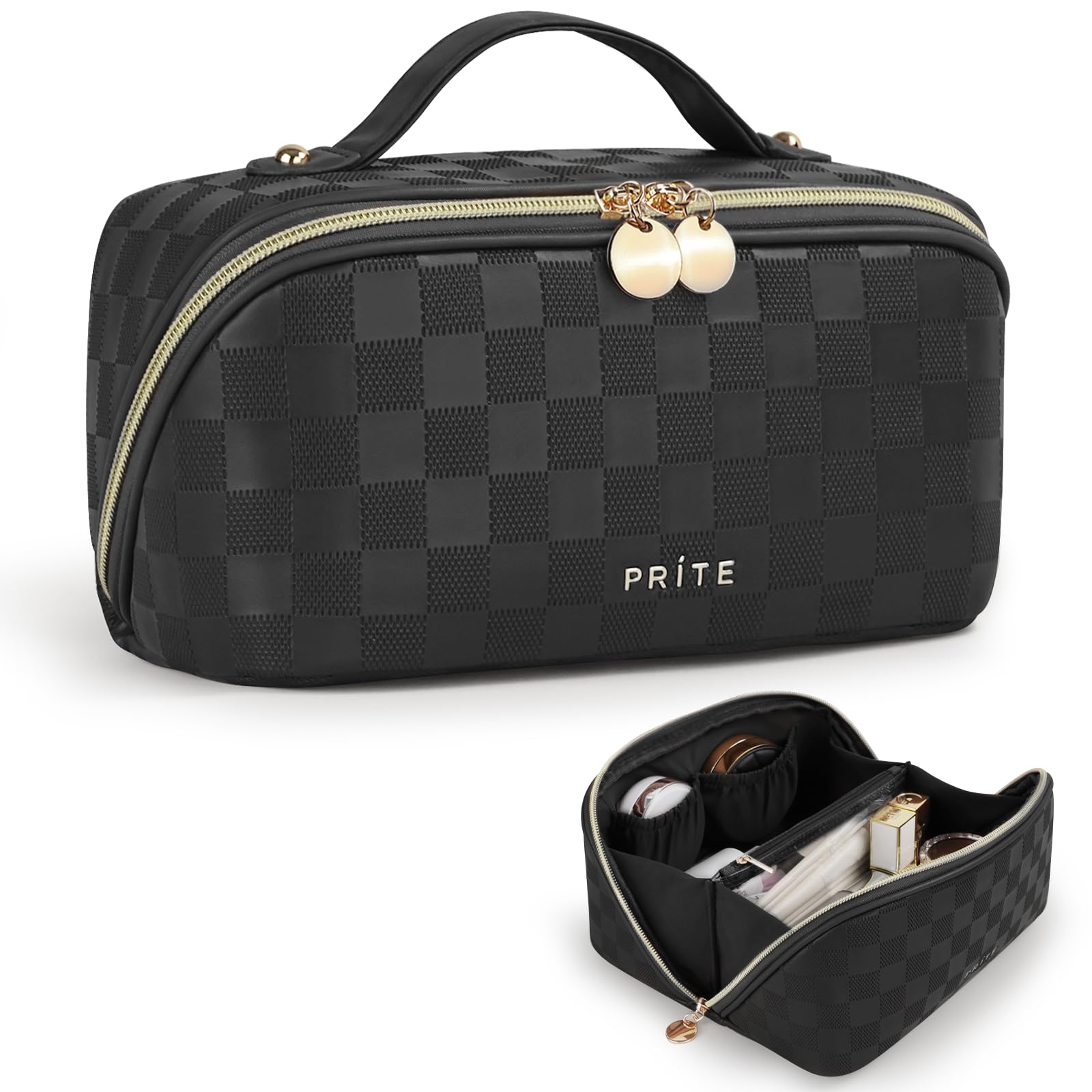 Prite makeup bag front view in plaid black for travel-ready organization