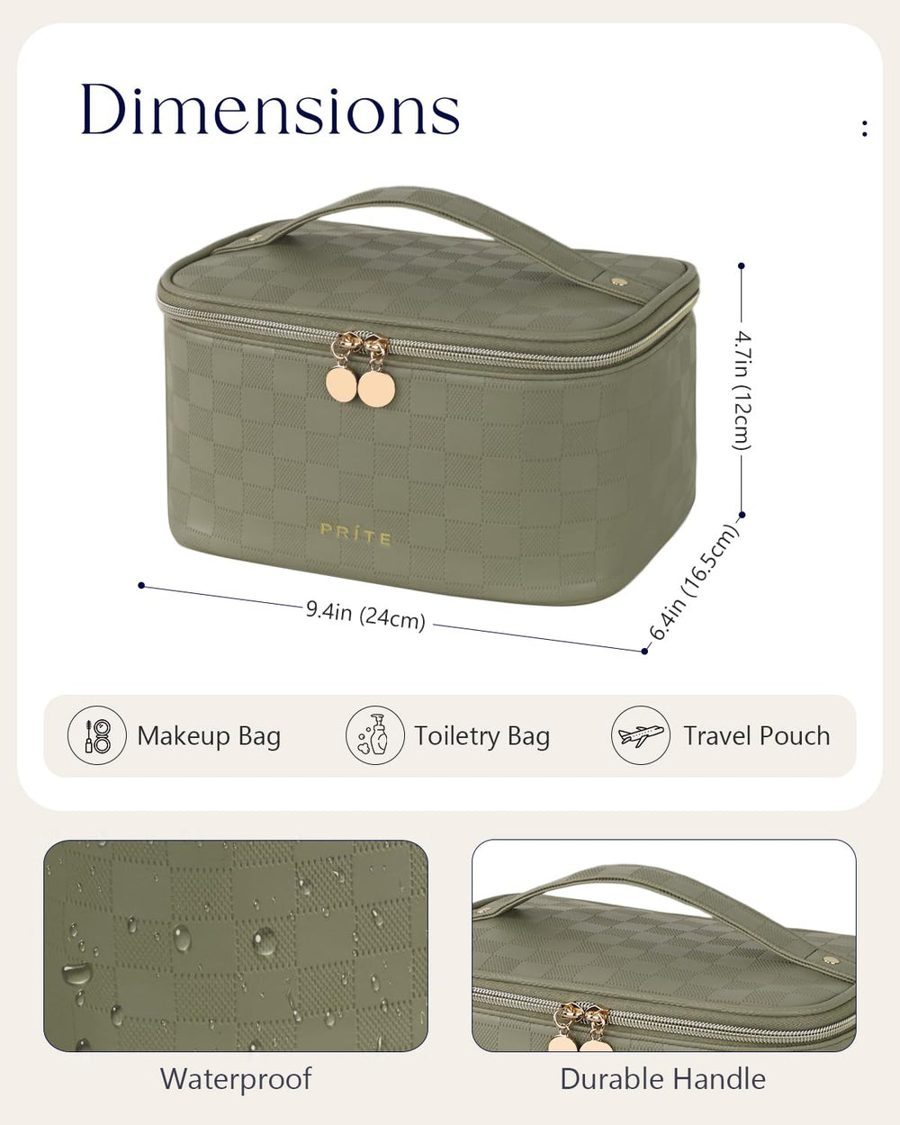 Prite makeup bag with handle for portable travel use.