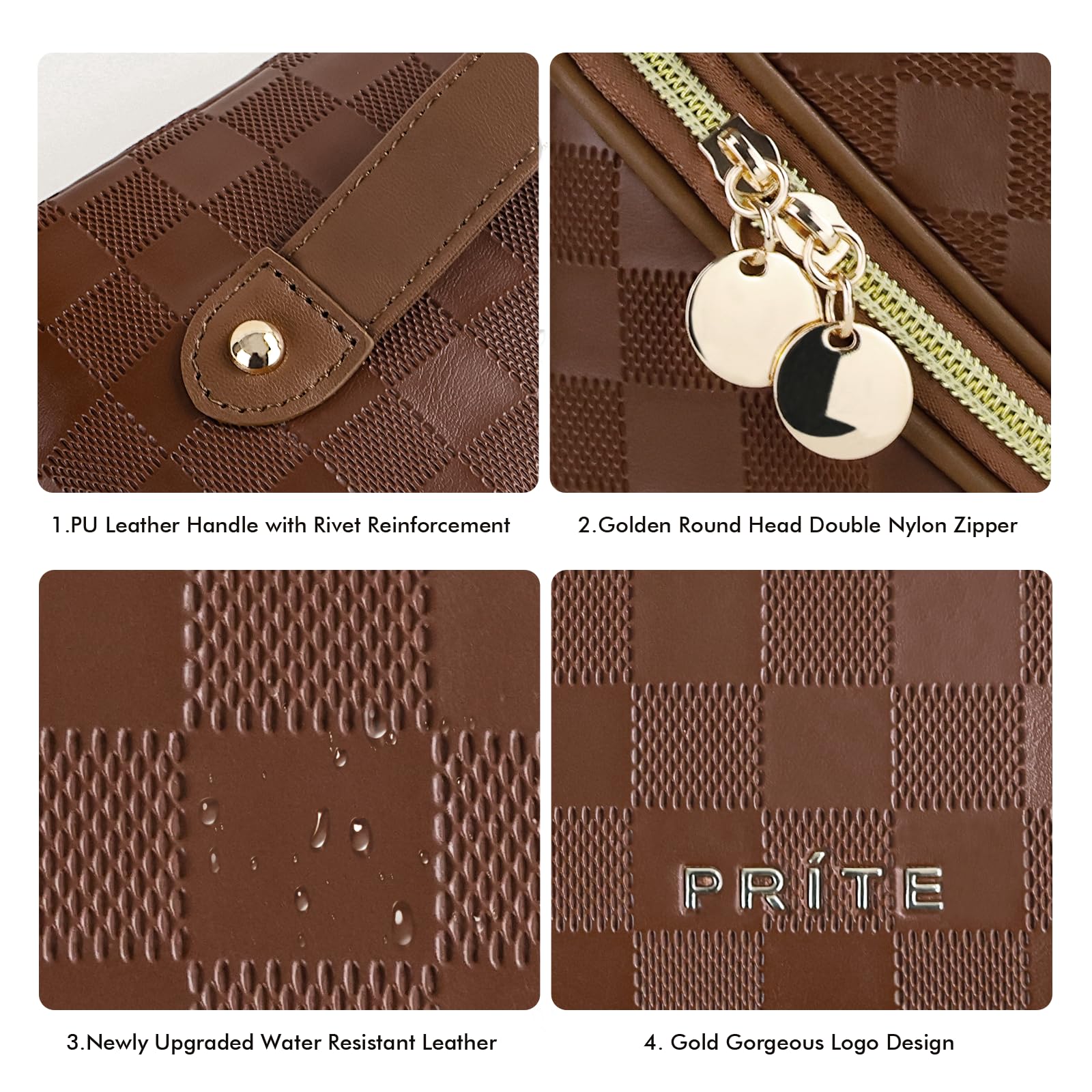 Prite bag with multiple pockets for cosmetics and skincare organization.