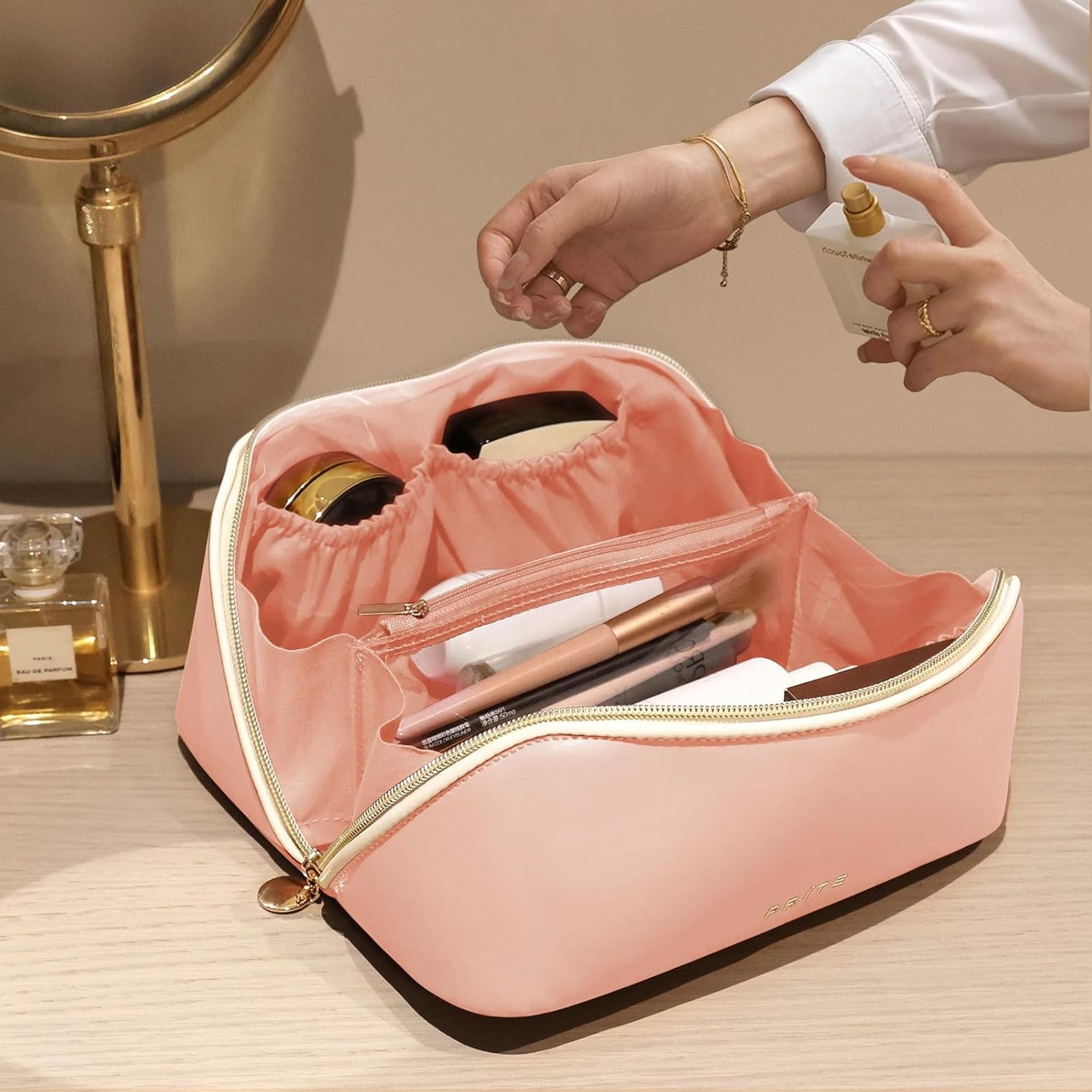 Prite Makeup Bag Open Flat View highlights easy access to contents.