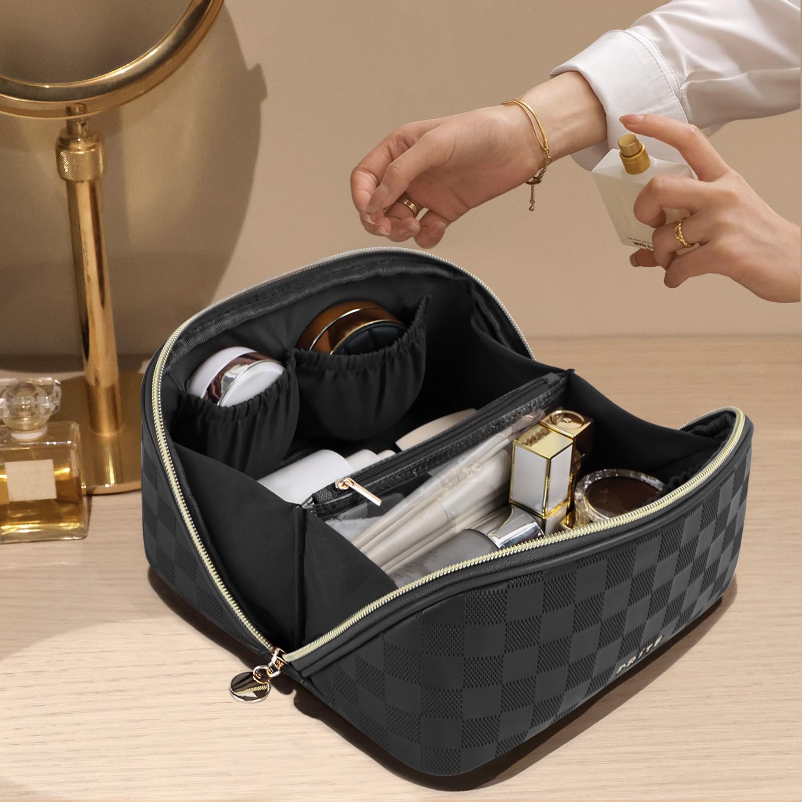 Prite makeup bag opened flat in plaid black shows three compartments