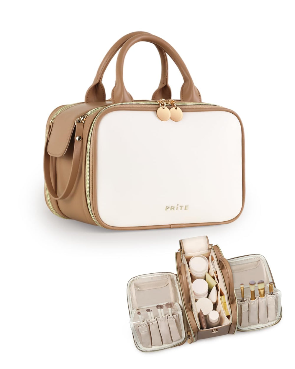 Prite makeup bag open flat reveals easy-access compartments for travel cosmetics.