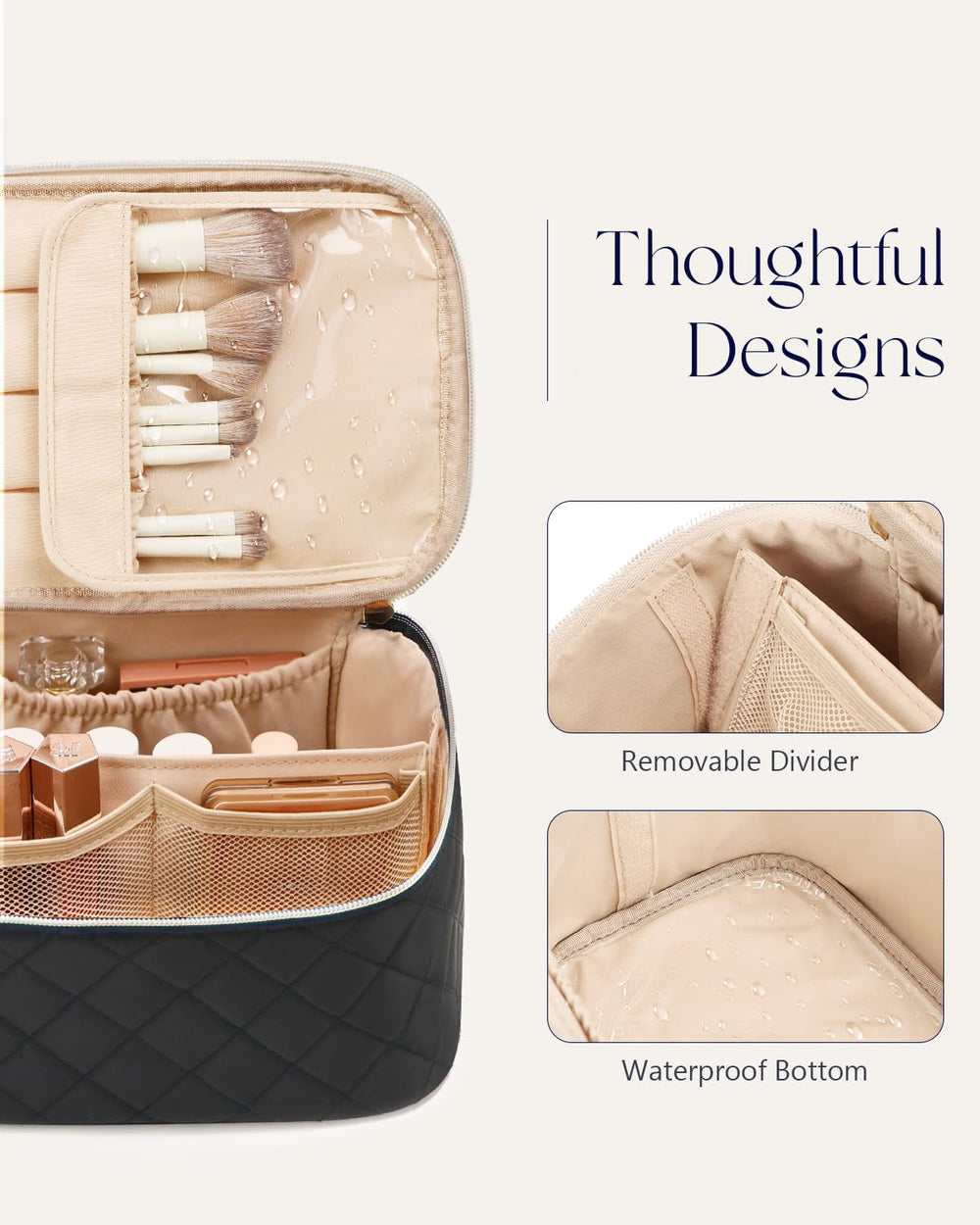 Prite makeup bag padded interior protects cosmetics during travel.