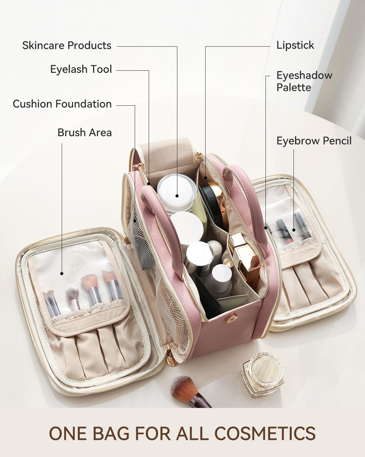 Prite makeup bag pink free-standing brush holder for easy access.