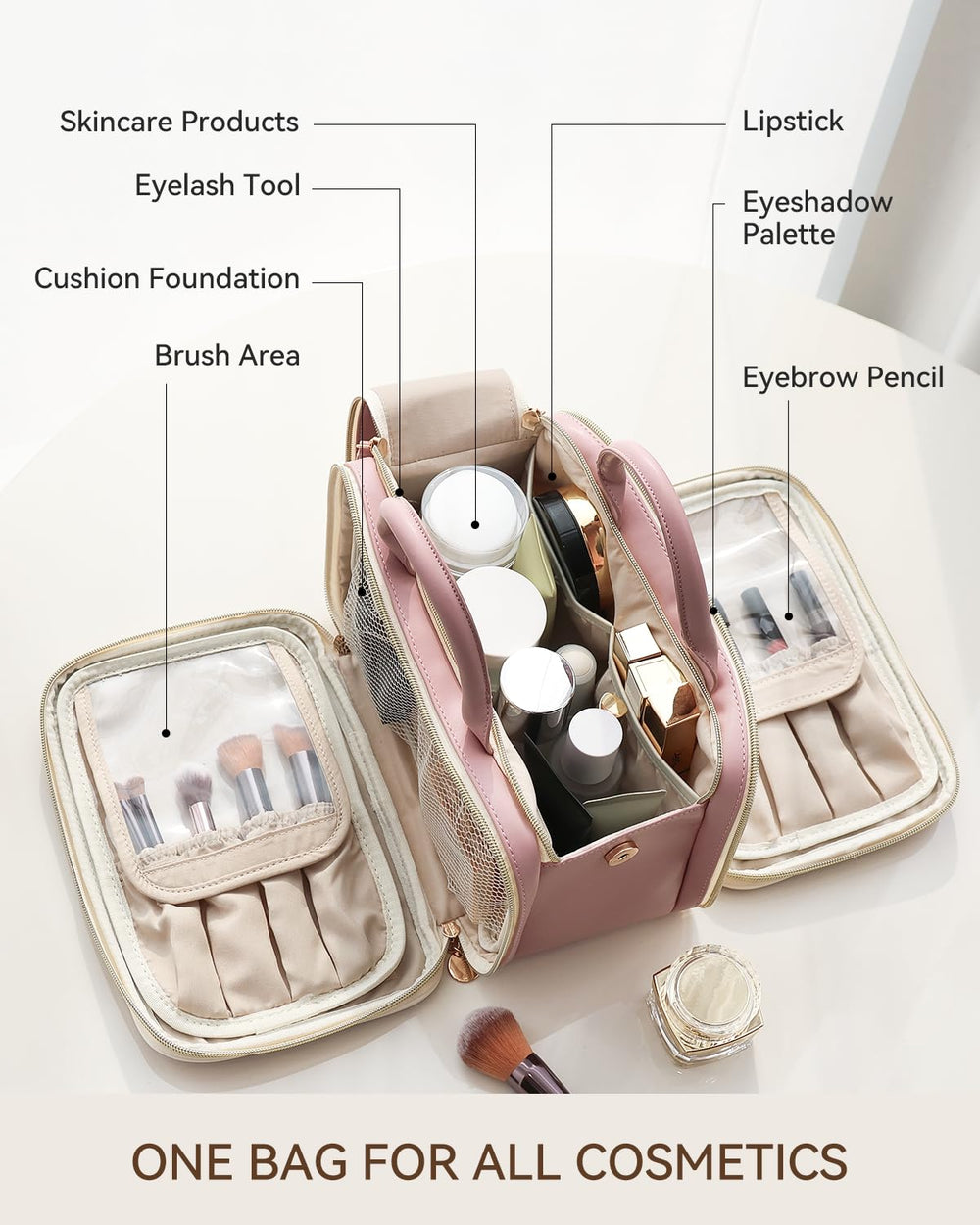 Prite makeup bag pink free-standing brush holder for easy access.