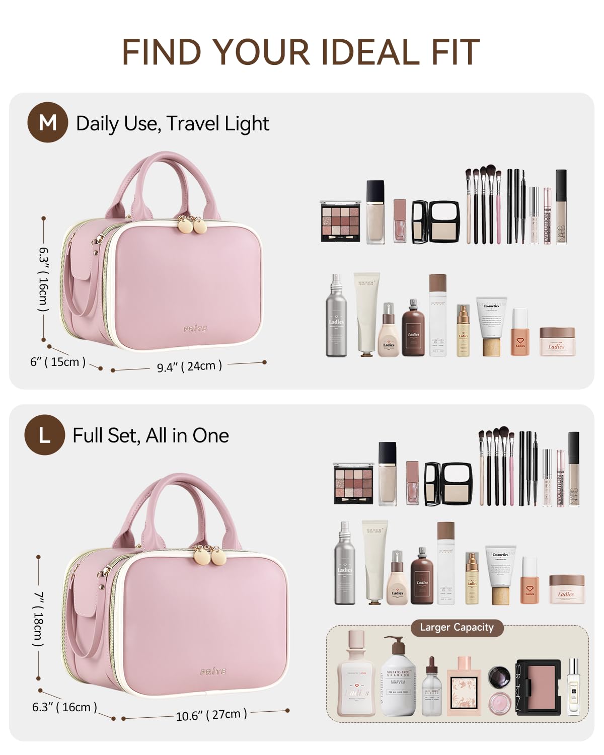 Prite makeup bag pink interior compartments keep cosmetics organized.