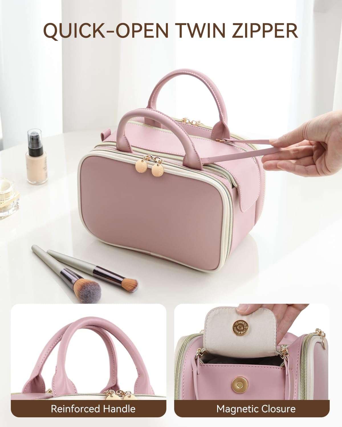 Prite makeup bag pink top leather handle for comfortable carrying.