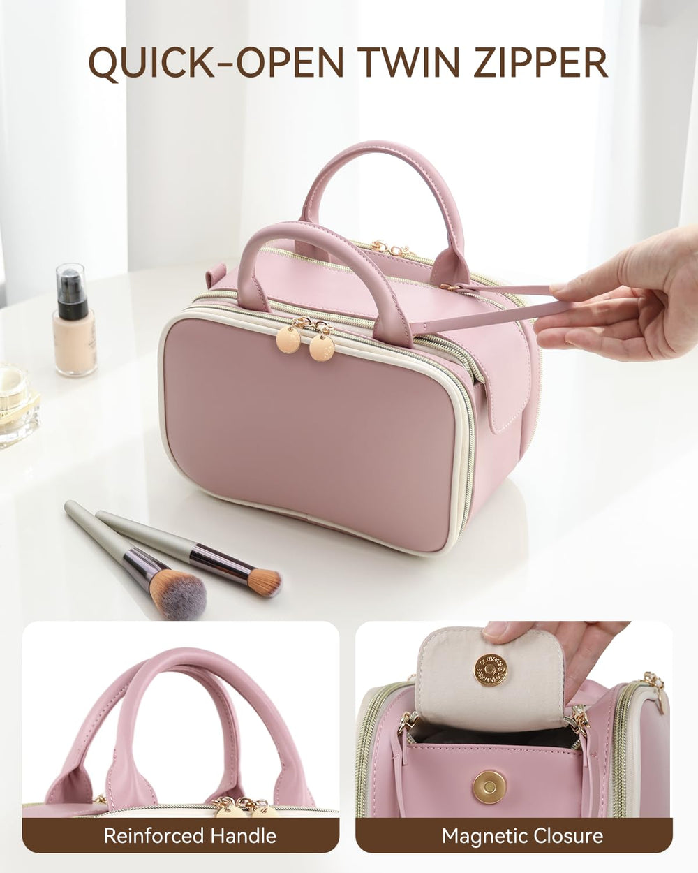 Prite makeup bag pink top leather handle for comfortable carrying.